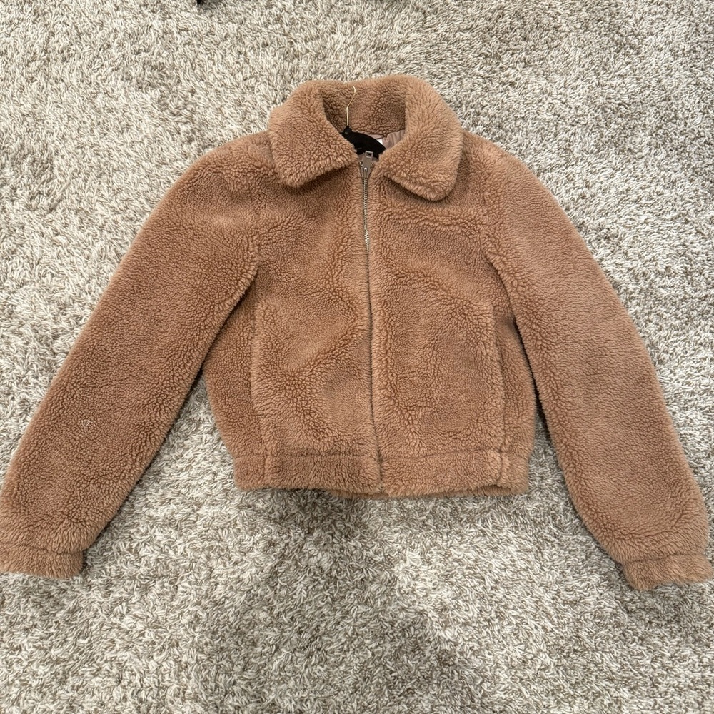 Brown mauve cropped fuzzy zip-up jacket XS